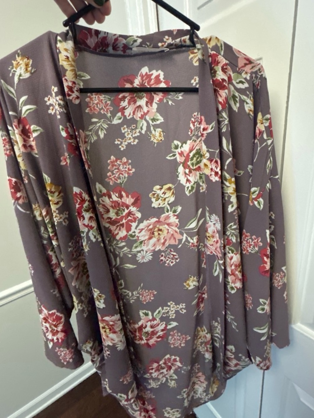 Ces Femme Floral Open-Front Cardigan - Mauve with Pink, Cream & Green Flowers